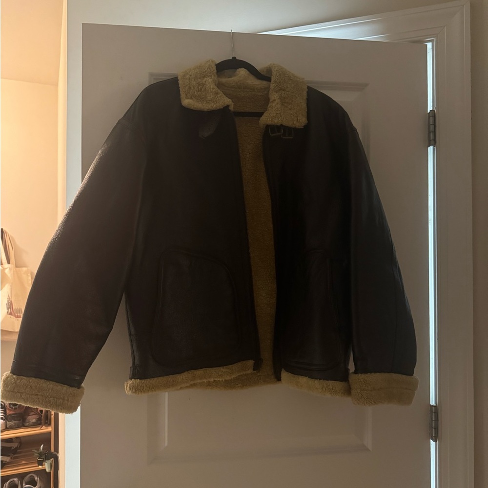 Vintage Brown Leather Fleece Lined Bomber Jacket